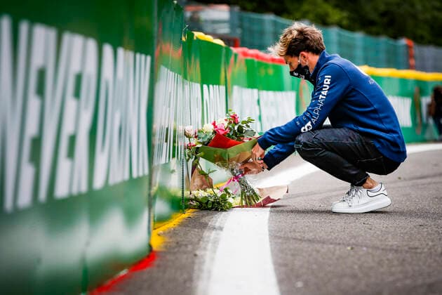 Motorsports FIA Formula One World Championship 2020, Grand Prix of Belgium, 10 Pierre Gasly FRA, Scuderia AlphaTauri Honda with flowers in memory of Anthoine Hubert FRA , who died during an F2 accident in 2019 Spa Francorchamps Belgium
