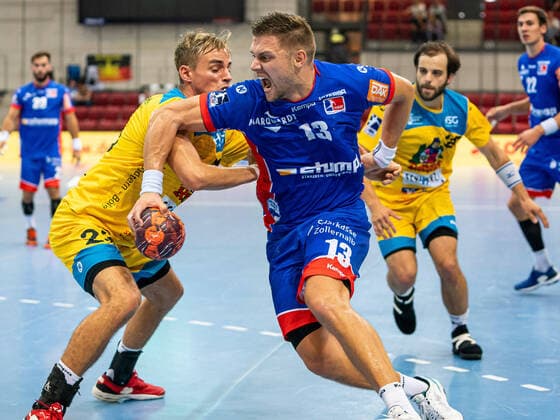 Fabian Wiederstein HBW Balingen Weilstetten, 13 against Joschua Braun HSG Konstanz, 23 , HSG Konstanz vs HBW Balingen Weilstetten, BGV Handball Cup 2020, Handball, Men, 30 08 2020 HSG Konstanz vs HBW Balingen Weilstetten, BGV Handball Cup 2020, Handball, Men, 30 08 2020 Stuttgart Copyright: xEibner-Pressefotox EP_mst