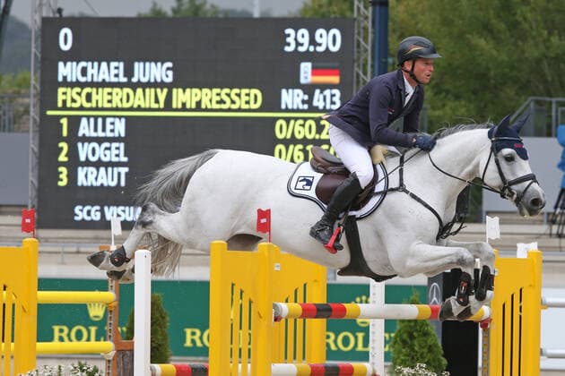 3rd place Michael Jung GER with his horse Fischerdaily Impressed , S2 Medium Tour, CSI3 faults and time , 1,45m , Aachen International Jumping, Aachener Soers Equestrian Festival, CHIO Terrain, Jumping Competition in the Deutsche Bank Stadium at the Aachener Soers, 04 06 09 2020,