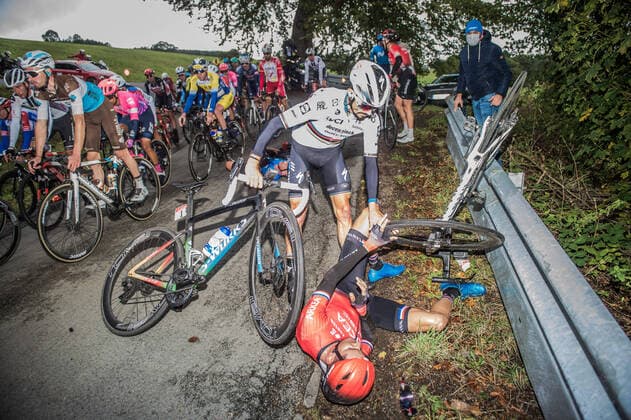 Liège Bastogne Liège 2020 crash with the current world champion Julian Alaphilippe FRA Deceuninck Quick Step in the downhill of the Cote de Wanne Stiehl Photography