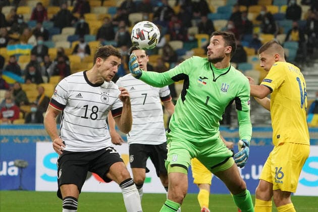 Goalkeeper Georgiy Bushchan Ukraine tries to catch the ball and Leon Goretzka Deutschland Germany scores the goal by header to 0 2 10 10 2020 Ukraine vs Germany, UEFA Nations League, 3 Matchday, Olympic Stadium Kiev DISCLAIMER DFB regulations prohibit any use of photographs as image sequences and or quasi video
