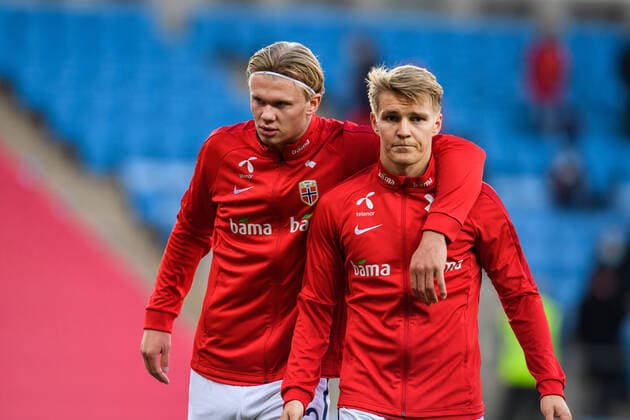 201011 Erling Braut Haaland and Martin odegaard of Norway ahead of the UEFA Nations League football match between Norway and Romania on October 11, 2020 in Oslo Photo Vegard Wivestad Grott BILDBYRAN kod VG VG0054 bbeng fotboll football fotball soccer uefa nations league landskamp norge norway romania romanänien, Copyright: VEGARDxWIVESTADxGRoTT BB201011VG012