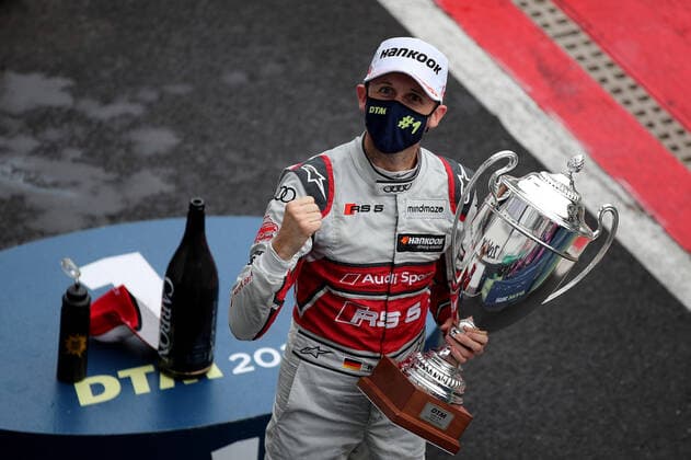 Rene Rast GER Audi Sport Team Rosberg is happy about his victory in the DTM round at the Circuit Zolder Copyright Thomas Pakusch