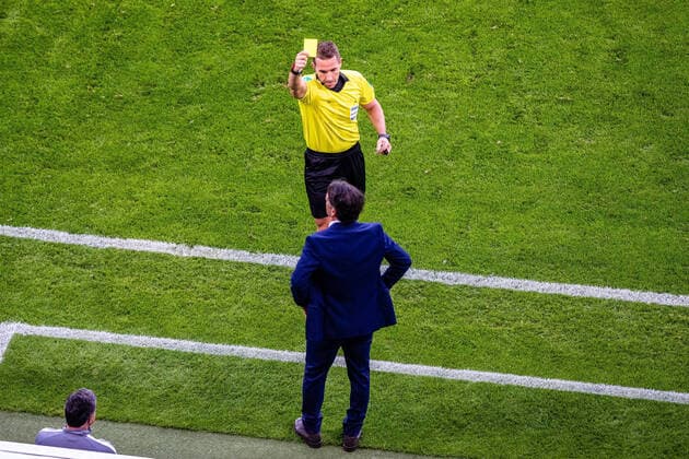Yellow card for coach Bruno Labbadia Hertha BSC during the 2020 2021 season 5 matchday in the 1 Bundesliga Men between RB Leipzig and Hertha BSC in the Red Bull Arena on 24 October 2020 in Leipzig, Saxony, Germany DFL and DFB REGULATIONS PROHIBIT ANY USE OF PHOTOGRAPHS as IMAGE SEQUENCES and or QUASI VIDEO