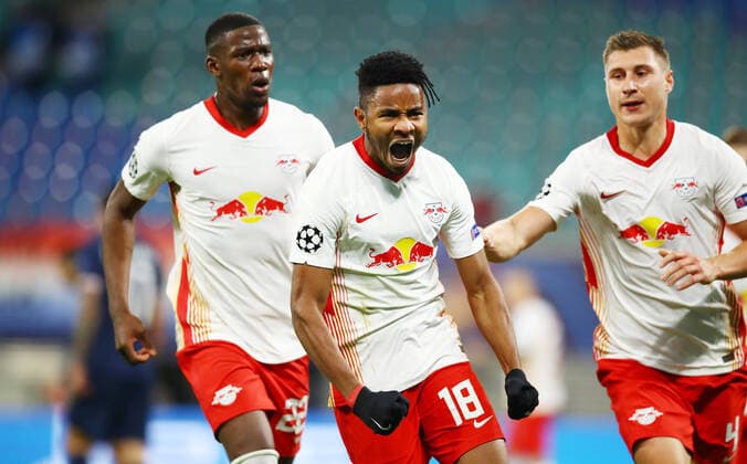 RB Leipzig Paris SG 04 11 2020 Leipzig, 04 11 2020, Red Bull Arena, Champions League, Group H, 3 Matchday , RB Leipzig vs FC Paris Saint Germain , In picture goal for RB Leipzig Christopher Nkunku 18, RB Leipzig scores for 1 1 equaliser and cheers his goal with Nordi Mukiele 22, RB Leipzig and Willi Orban 4, RB Leipzig ,