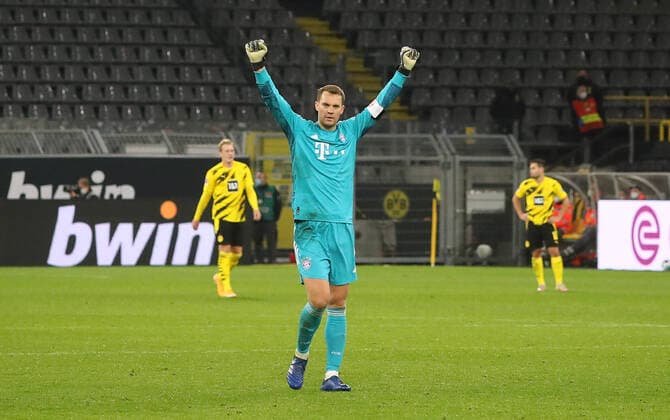 firo 07 11 2020 Football 1 Bundesliga season 2020 21 BVB , Borussia Dortmund FC Bayern München , Munich firo 07 11 2020 Football 1 Bundesliga season 2020 21 BVB , Borussia Dortmund FC Bayern München , Munich FCB Goalkeeper , Goalkeeper , Goalkeeper , Manuel Neuer , Cheering , Goal cheer , Gesture , Gesture , Foto Jürgen Fromme firo pool Dortmund Bundesland NRW Deutschland Poolfoto Jürgen fromme firo Sportphoto ,EDITORIAL USE ONLY