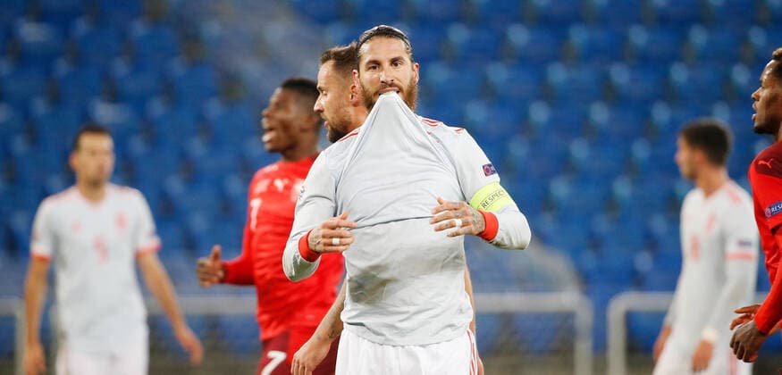 Photo Manuel Geisser 14 11 2020 Basel St Jakob Park Basel Season 2020 2021 Mens Football Nations League Switzerland Spain Sergio Ramos Spain shoots Penalty No 1