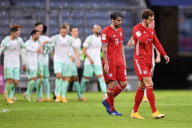 Football 1 Bundesliga Season 20 21 FC Bayern Muenchen SV Werder Bremen Football 1 Bundesliga Season 2020 2021 8 Matchday 21 11 2020 FC Bayern Muenchen SV Werder Bremen Disappointment FC Bayern Muenchen Leon Goretzka and Javi Martinez v re PHOTO Markus Ulmer Press Photo Ulmer Pool xxNOxMODELxRELEASExx DFL regulations prohibit any use of photographs as image sequences and or quasi video Munich Germany Poolfoto Ulmer Pool ,EDITORIAL USE ONLY
