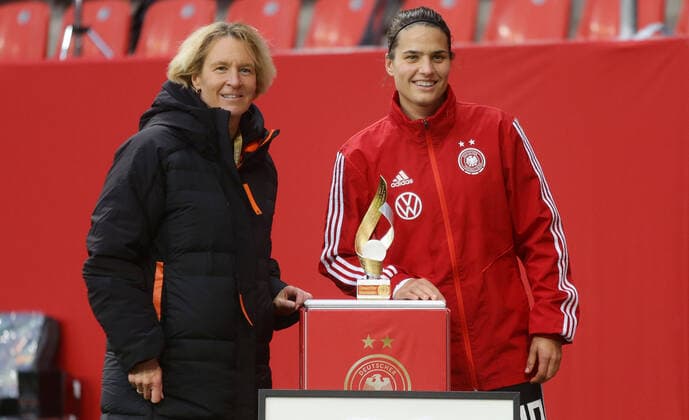 Ingolstadt ,international match soccer EM qualification match Germany vs. Greece , honor to the 100th international match , from left Martina Voss Tecklenburg Dzsenifer Marozsan DFB regulations prohibit any use of photographs as image sequences and or quasi video