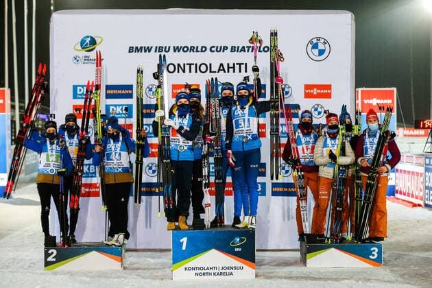 201205 Hanna Öberg, Elvira Öberg, Mona Brorsson and Johanna Skottheim of Sweden celebrate their first place on the podium after competing in the Women s 4x6 km relay during the IBU biathlon World Cup on 5 December 2020 in Kontiolahti Photo Kalle Parkkinen BILDBYRAN COP 211 KP0010 biathlon biathlon ibu world cup kontiolahti women s 4x6 km relay bbeng dam stafett Sverige jubel C,  Copyright: KALLExPARKKINEN BB201205BB702