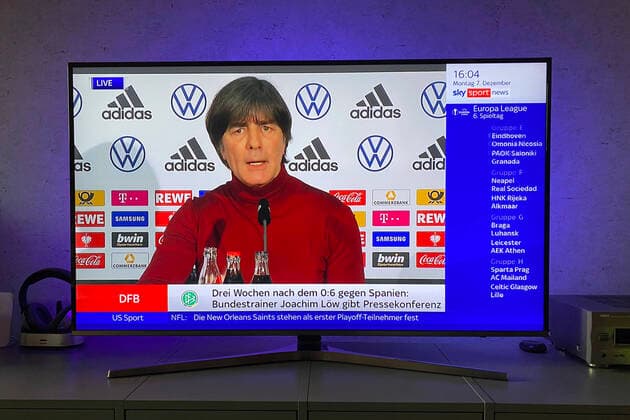 Three weeks after the 0 6 against Spain national coach Joachim Jogi LOEW,LÖW GER gives press conference on 07 12 2020 TV picture of the sports channel SKY Sport News, which broadcasts the press conference live