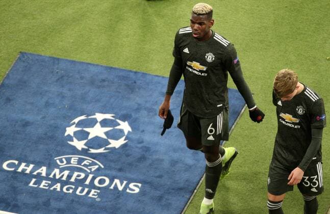 GER, Champions League, Group Stage, RB Leipzig Manchester United 08 12 2020 , Leipzig, Red Bull Arena, GER, Season 2020 2021, UEFA Champions League, Group Stage, Group H, Match 6 of 6 TurfBallsport Leipzig vs. Manchester United in picture Paul Pogba and Brandon Williams ManUnited disappointed after the defeat DFL regulations prohibit any use of photographs as image sequences and or quasi video