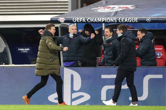 Coach Julian Nagelsmann RB Leipzig cheers after the end of the Champions League season 2020 2021 Group stage RB Leipzig vs. Manchester United in the Red Bull Arena in Leipzig Football,Germany,Man,Men,08 12 2020