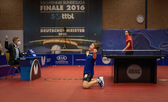 12-year-old Julian RZIHAUSCHEK won his Champions League singles match against Antoine Doyen SPG Walter Wels AUT Roskilde Bordtennis DEN 13 12 2020, Table Tennis, Champions, League, Season 2020 21 Photo Moritz Müller Only for Editorial use