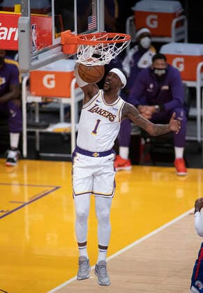 December 13, 2020, Los Angeles, California, USA: Kentavious Caldwell-Pope 1 of the Los Angeles Lakers dunks the ball during their preseason NBA, Basketball Herren, USA game with the Los Angeles Clippers on Sunday December 13, 2020 at the Staples Center in Los Angeles, California. Lakers defeat Clippers, 131-106. JAVIER ROJAS PI Los Angeles USA - ZUMAp124 20201213_zaa_p124_005 Copyright: xJavierxRojasx