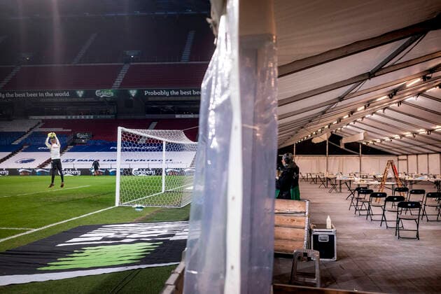 Covid 19 test center is set up for the Park Before the Superliga match between FCK OB in the Park, Sunday 20 December 2020, Copenhagen Denmark  Copyright: Ritzau Scanpix LiselottexSabroex COP110 spdk20201220-221556-L