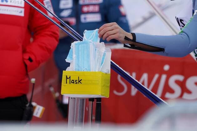 Photo Manuel Geisser 20 12 2020 FIS Ski Jumping World Cup Engelberg Sunday trial round picture mouth nose masks for the ski jumpers single picture action