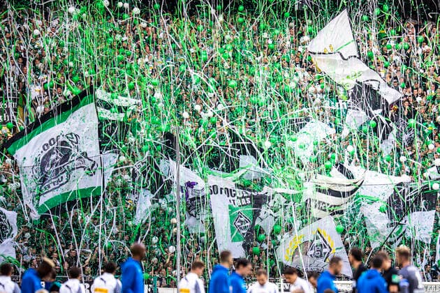 Moenchengladbach, Germany 15 September 2018 1 BL 18 19 Bor Moenchengladbach vs FC Schalke 04 The Fan Block of Borussia Mönchengladbach Moenchengladbach Fankurve Fans Fanblock DFL regulations prohibit any use of photographs as image sequences and or quasi video 1 BL 18 19 Bor Moenchengladbach vs FC Schalke 04 mell
