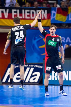 Rouen, France 18 January 2017 IHF World Cup 2017 Group C Belarus vs Germany Patrick Groetzki Germany Rhein Neckar Loewen and Uwe Gensheimer Germany Paris Saint Germain , Jubel Freude Emotion Torjubel Torschuetze Torschütze IHF World Cup 2017 Group C Belarus vs Germany mwol