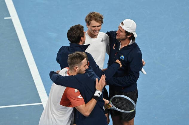 Australian Open 2021 ATP Cup Melbourne German Team beats Serbia to qualify for the Semifinal against Russia Jan Lennard Struff, Alexander Zverev , Kevin Krawietz ,Andreas Mies and Team Captain Mischa Zverev