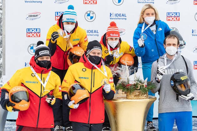 from left Jacqueline Loelling with Alexander Gassner GER, Germany , Tina Hermann with Christopher Grotheer GER, Germany , Elena Nikitina with Alexander Tretiakov RUS, Russia Award Ceremony Jubilation, celebration, 2 13 2021, Altenberg Germany , IBSF World Championships Bobsleigh and Skeleton Altenberg xprx