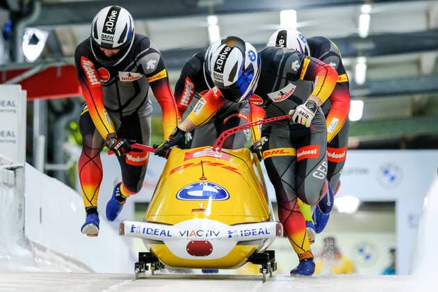 IBSF World Championship Bob Skeleton 2021 in Altenberg 2 run four-man bob on 13 02 2021 Team Germany Francesco Friedrich, Thorsten Margis, Candy Bauer, Alexander Schueller