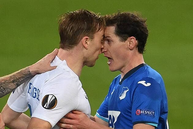 25 02 2021, xmeix, UEFA Europa, TSG 1899 Hoffenheim Molde FK, emspor v l n r, Martin Ellingsen Molde FK with Sebastian Rudy TSG 1899 Hoffenheim in tussle DFL DFB REGULATES PROHIBIT ANY USE OF PHOTOGRAPHS AS IMAGE SEQUENCES AND OR QUASI VIDEO Sinsheim prio:1