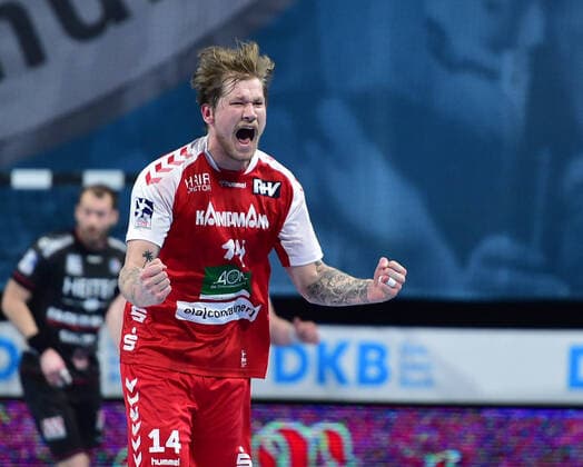 28 02 2021 Handball 1 Bundesliga LIQUI MOLY HBL Season 2020 2021 16 Matchday HC Erlangen Metropolregion Nürnberg HCE HSG Nordhorn Lingen OGo Markus Stegefelt 14, HSG Nordhorn Lingen Jubel Freude