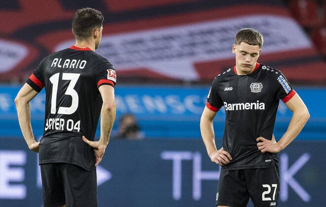 Lucas Nicolas Alario Leverkusen and Florian Wirtz Leverkusen disappointed Bayer Leverkusen SC Freiburg 28 02 2021, Football Bundesliga, season 2020 21 Photo Moritz Müller