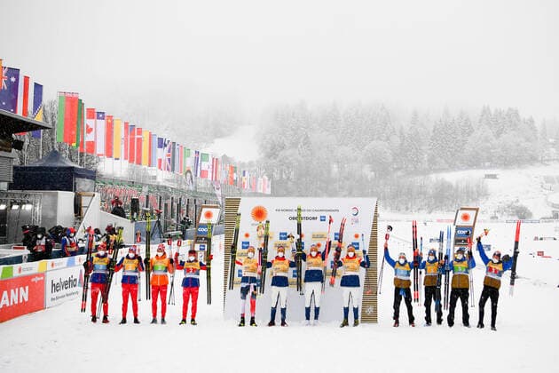210305 The Russian, Norwegian and French teams celebrate after the Men s Cross Country Skiing 4x10 Relay during the FIS Nordic Ski World Championships on March 5, 2021 in Oberstdorf Photo Johanna Lundberg BILDBYRAN kod JL JL0097 skidor cross country skiing langrenn fis nordic world ski championships vm ski vm skid vm stafett relay 9 bbeng jubel ryssland norge frankrike,  Copyright: JOHANNAxLUNDBERG BB210305JL087