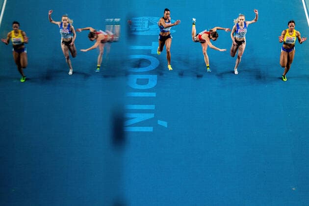 210307 Orlann Ombissa Dzangue of France, Marcela Pirkova of Czech Republic, Marina Andreea Baboi of Romania and Claudia Payton of Sweden compete in women s 60 meter qualification during the European Athletics Indoor Championships on March 7, 2021 in Torun Photo Vegard Wivestad Grott BILDBYRAN kod VG VG0096 bbeng european athletics indoor championships 2021 athletics em 2021 athletics em 2021 indoor em indoor em em athletics athletics ladies sweden sweden,  Copyright: VEGARDxWIVESTADxGRoTT BB210307VG022