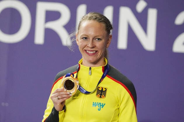 Torun Poland, Athletics, Athletics, European athletics indoor Championships 2021, Athletics European Indoor Championships 2021, European Indoor Championships 2021, 05 03 07 2021, Womens triple jump final, Neele Eckhardt Germany, Award ceremony with bronze medals