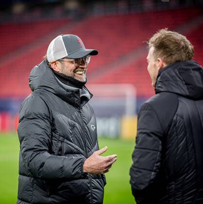 Liverpool coach Juergen Klopp and Leipzig coach Julian Nagelsmann stand together and talk UEFA Champions League Round of 16, second leg FC Liverpool RB Leipzig 2 0 10 03 2021, Puskas Arena in Budapest Hungary FC Liverpool RB Leipzig