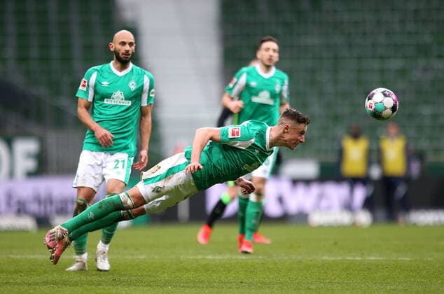 20 03 2021, Football 1 Bundesliga 2020 2021, 26 Matchday, SV Werder Bremen VfL Wolfsburg, at Weserstadion Bremen Marco Friedl Werder Bremen DFL and DFB regulations prohibit any use of photographs as image sequences and or quasi video