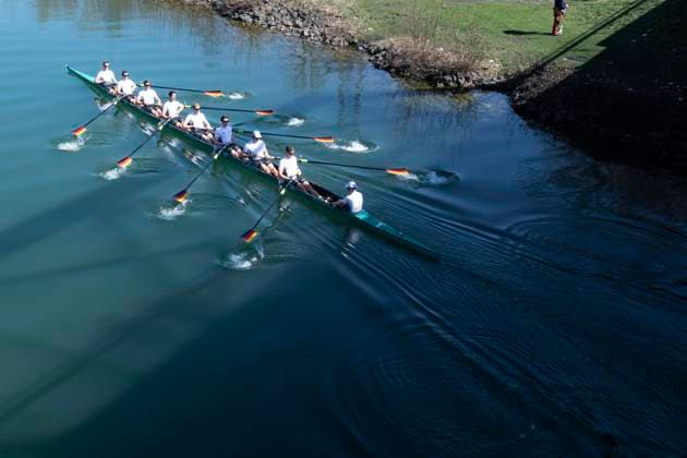 The German Eight 2021 during training on the Dortmund Ems Canal, with Martin SAUER, cox, Hannes OCIK, stroke, Richard SCHMIDT Malte JAKSCHIK, Jakob SCHNEIDER Mark LESKE Olaf ROGGENSACK Laurits FOLLERT and Johannes WEISSENFELD , Action, Rowing, Presentation Germany Eight, on 31 03 2021 in Dortmund Germany