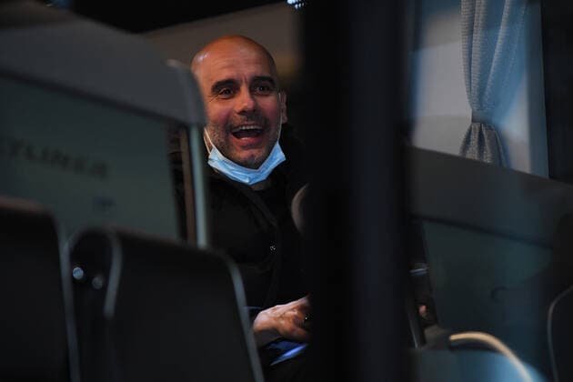 Football Champions League quarterfinals arrival Manchester City on 13 04 2021 at Dortmund Airport in Dortmund Josep Pep Guardiola coach head coach Manchester in the team bus xHDJPGx
