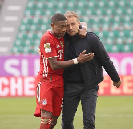 Head coach Hansi Flick FC Bayern Muenchen happy with David Alaba after final whistle DFL REGULATES PROHIBIT ANY USE OF PHOTOGRAPHS AS IMAGE SEQUENCES AND OR QUASI VIDEO