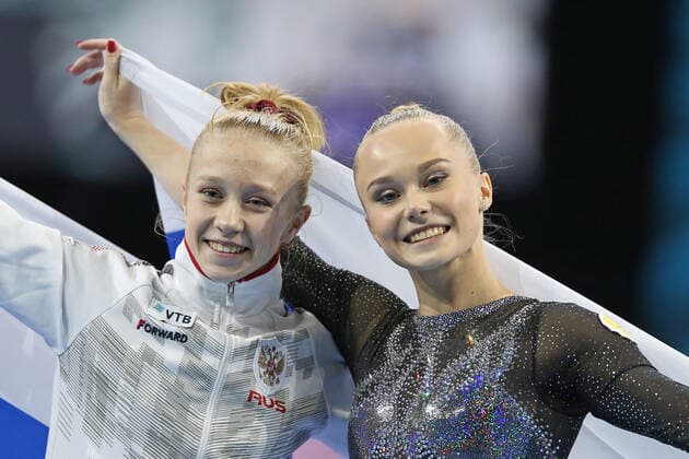 Viktoria Listunova and Angelina Melnikova, RUS, after all around final at 2021 artistics Europeans in Basel 23 04 2021