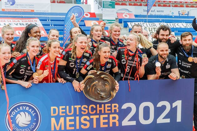 German Champion DSC, Dresdner SC jubilation, celebration award ceremony, 4 24 2021, Dresden Germany , Volleyball, 1 Bundesliga Women, Dresdner SC Allianz MTV Stuttgart xprx