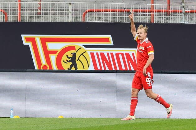 GER, Union Berlin vs SV Werder Bremen 24 04 2021, Alte Foersterei, Berlin, GER, Union Berlin vs SV Werder Bremen, pictured cheering after the 3 0 Joel Pohjanpalo 1 FC Union Berlin 9 nordphoto.GmbHxx xnordphotoxGmbH nph00076
