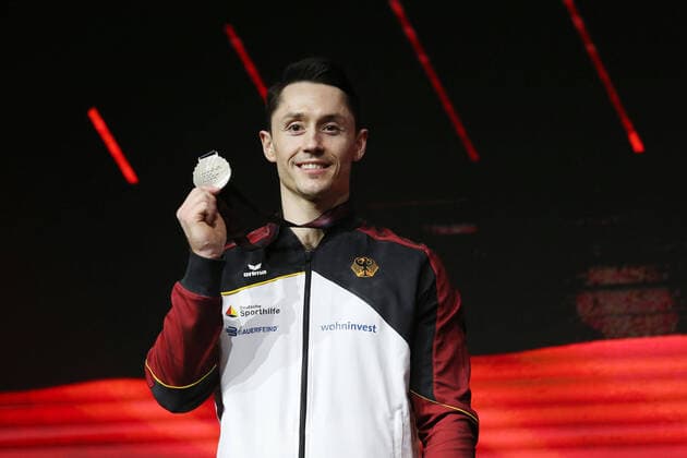 Andreas Toba, GER, after bar final at 2021 Artistics Europeans in Basel 25 04 2021
