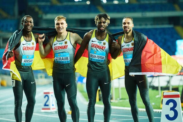 Silesia World Relays 2021 Chorzow Poland, 01 02 05 2021 Steven Muller GER Felix Straub GER Lucas Ansah Peprah GER Owen Ansah GER Copyright: xBEAUTIFULxSPORTS Internationalx
