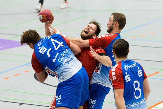 v l Dino Corak TV Grosswallstadt 24 , Yannick Draeger TuS N Luebbecke 19 , Lars Spiess TV Grosswallstadt 36 , Florian Eisentraeger TV Grosswallstadt 8 GER, Handball, 2 Bundesliga, TuS N Luebbecke vs TV Grosswallstadt, 07 05 2021 Luebbecke Copyright: xEibner-Pressefotox xJanxStrohdiekx EP_JSK