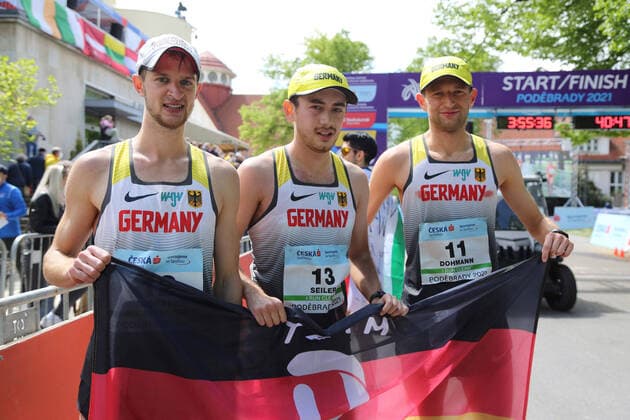 Athletics, Walking, Team European Championship Walking 2021, 16 05 2021, Podebrady, Czech Republic, 50KM Men Team, Karl Junghannss, Nathaniel Seiler, Carl Dohmann, team Germany Foto Gladys Chai von der Laage