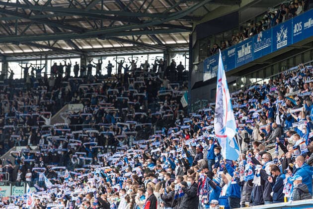 Rostock, Germany 22 May 2021 3 Liga 2020 2021 FC Hansa Rostock vs VfB Luebeck 7500 fans celebrate at Ostseestadion DFB regulations prohibit any use of photographs as image sequences and or quasi video Ostseestadion Mecklenburg Vorpommern Copyright: xFotostandx xVoelkerx