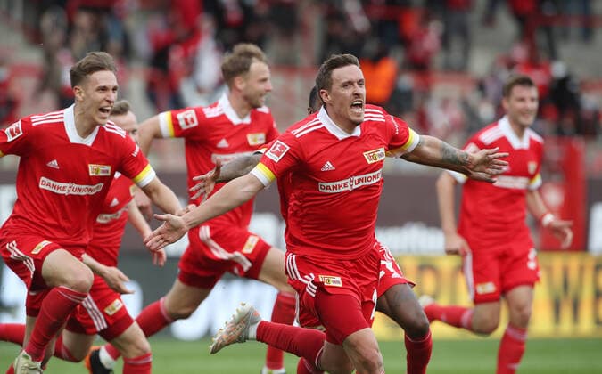 Max Kruse 2 1 jubilant joy emotion jubilation after 2 1 Sport Football Soccer DFL Bundesliga Men Season 2020 2021 22 05 2021 1 FC Union Berlin FCU vs RasenBallsport RB Leipzig RBL 2000 spectators admitted due to Corona Covid 19 DFL regulations prohibit any use of photographs as image sequences and or quasi video