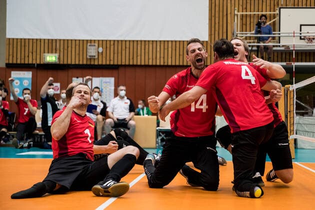 WORLD ParaVolley Mens Final Qualifier Tokyo 2020 Paralympic Games Kazakhstan Germany 02 06 2021 Torben Schiewe Germany, 14 , Heiko Wiesenthal Germany, 4 and Stefan Haehnlein Germany, 5 cheer WORLD ParaVolley Mens Final Qualifier Tokyo 2020 Paralympic Games Kazakhstan Germany Duisburg Sportschule Wedau Copyright: xBEAUTIFULxSPORTS Wunderlx