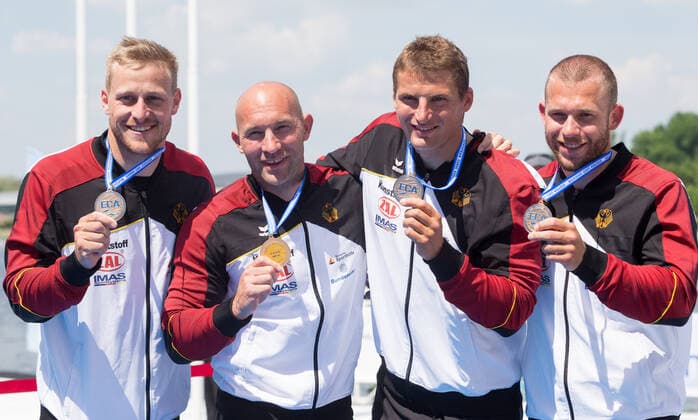 ECA Canoe Sprint European Championships - Day 3 The prestige title in the men s K4 500m final went to Germany with (L-R) Max Rendschmidt, Tom Liebscher, Ronald Rauhe and Max Lemke during ECA Canoe Sprint European Championships Day 3 in Poznan, Poland on June 5, 2021. Poznan Poland jastrzebowski-mistrzos210605_np6eF  Copyright: xFotoxOlimpikx