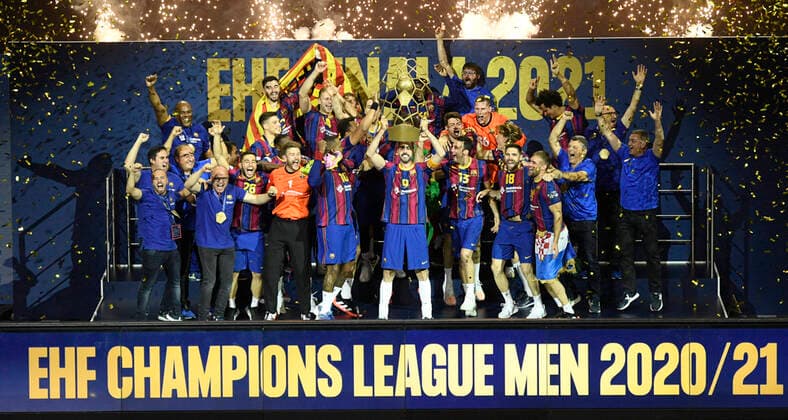 Jubilation and joy at Barcelona after winning la decima, tenth Champions League title, Handball, Men, Velux EHF Final Four, Final, FC Barcelona vs Aalborg HB, 13 06 21 Cologne Lanxess Arena Nordrhein Westfalen Germany