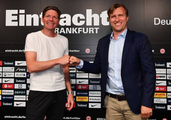 29 06 2021, xjhx, Football 1 Bundesliga, Eintracht Frankfurt Press Conference Presentation of the new head coach Oliver Glasner emspor, f l Coach Oliver Glasner Eintracht Frankfurt , Sport Board Markus Kroesche Krösche Member of the Board Eintracht Frankfurt Fussball AG DFL DFB REGULATIONS PROHIBIT ANY USE OF PHOTOGRAPHS as IMAGE SEQUENCES and or QUASI VIDEO Frankfurt am Main
